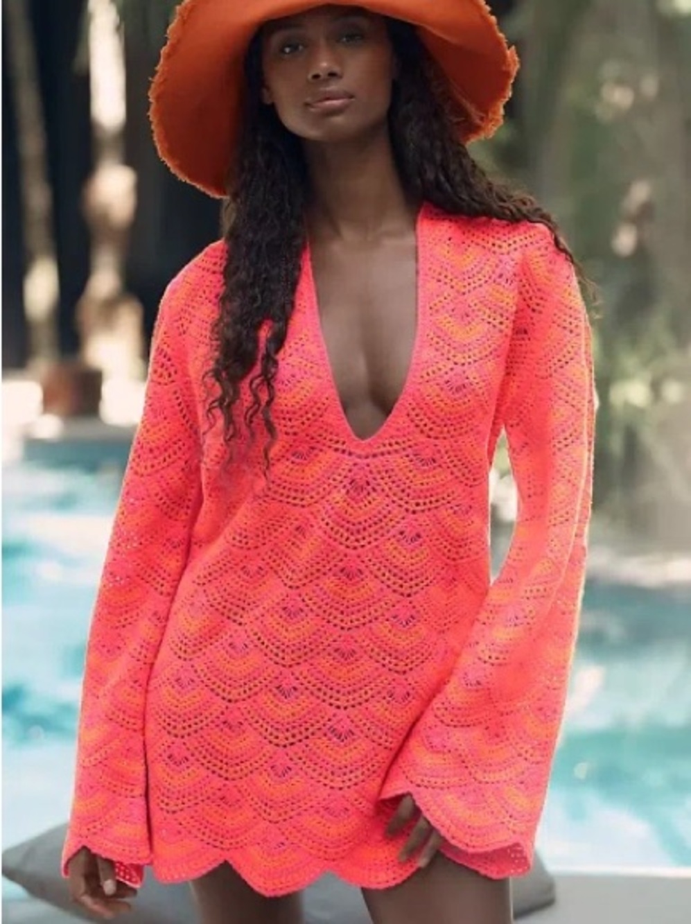 CELANDINE Anthropologie Crochet Long-sleeve Mini Kaftan In Pink Orange size XS/S